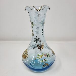 Vintage‎ Handpainted Venetian Made In Venice Italy Blue Glass Detail Floral Vase